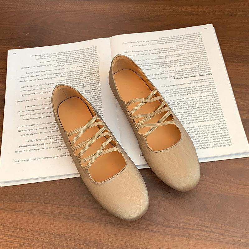 2025 autumn new French soft leather round head cross strap Mary Jane shoes ballet shoes shallow mouth single shoes women