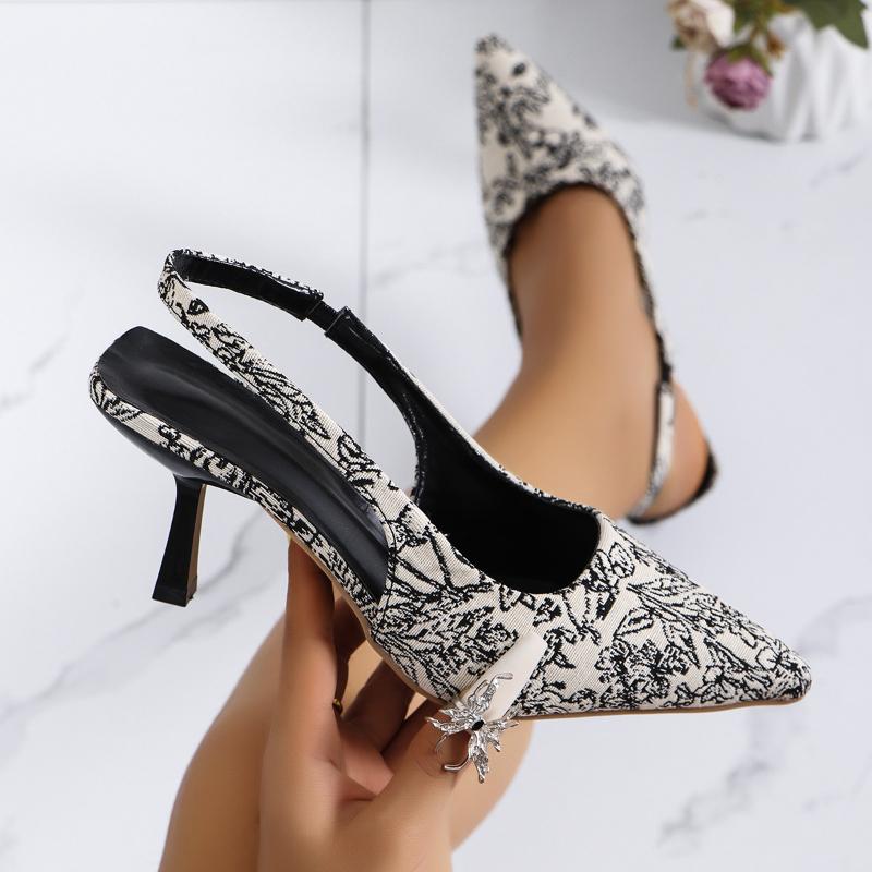 Size 35-43 Spring/Summer Embroidered Letter High Heels Thin Heels, Pointed Heels Sandals Rear Strap High Heels Female Pumps