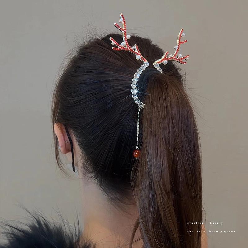 Elegant Christmas Antler Ponytail Hair Clip with Tassel Pearls