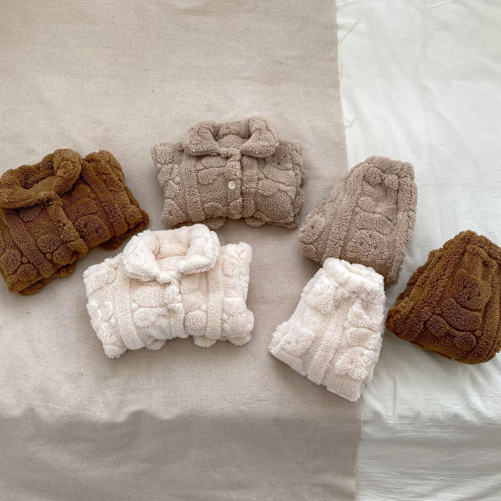 Cute Bear Plush Baby Pajama Set Winter Fleece Kids Homewear Two Piece Suit Soft Warm Children Sleepwear