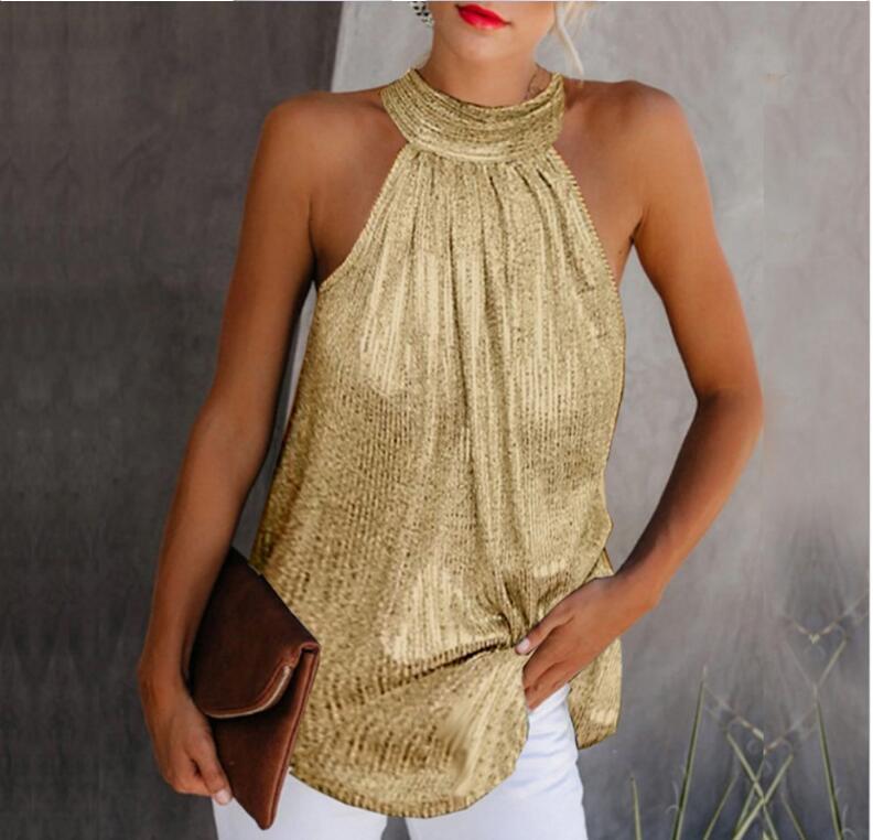 Double Silver Hanging Neck Zipper Sleeveless T-Shirt