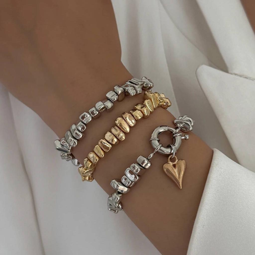 Ingemark 3Pcs/Set Vintage Irregular CCB Beads Chain Bracelets for Women New Trend Goth Heart Pendant Bangles Couple Jewelry Men