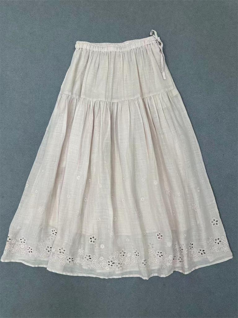 Johnature Summer French Embroidery Three-dimensional Flower Skirt Women Vintage Ramie Elastic Waist Skirts