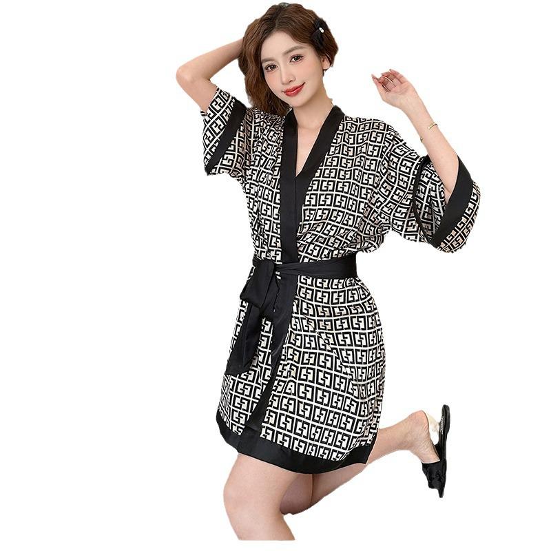 Women's Plus Size Ice Silk Long Sleeve Nightgown - Spring/Autumn High-End Print, Suitable for Outdoor Wear