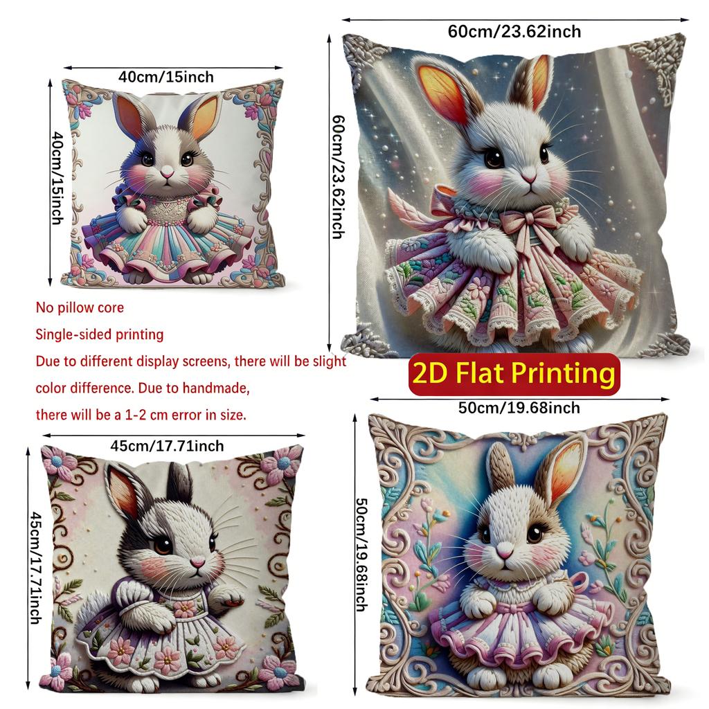 2D Cute Bunny Dressed In Floral Dress Cushion Covers Pattern Cushion Cover Suitable For Sofa Bedroom Car Pillow Cover