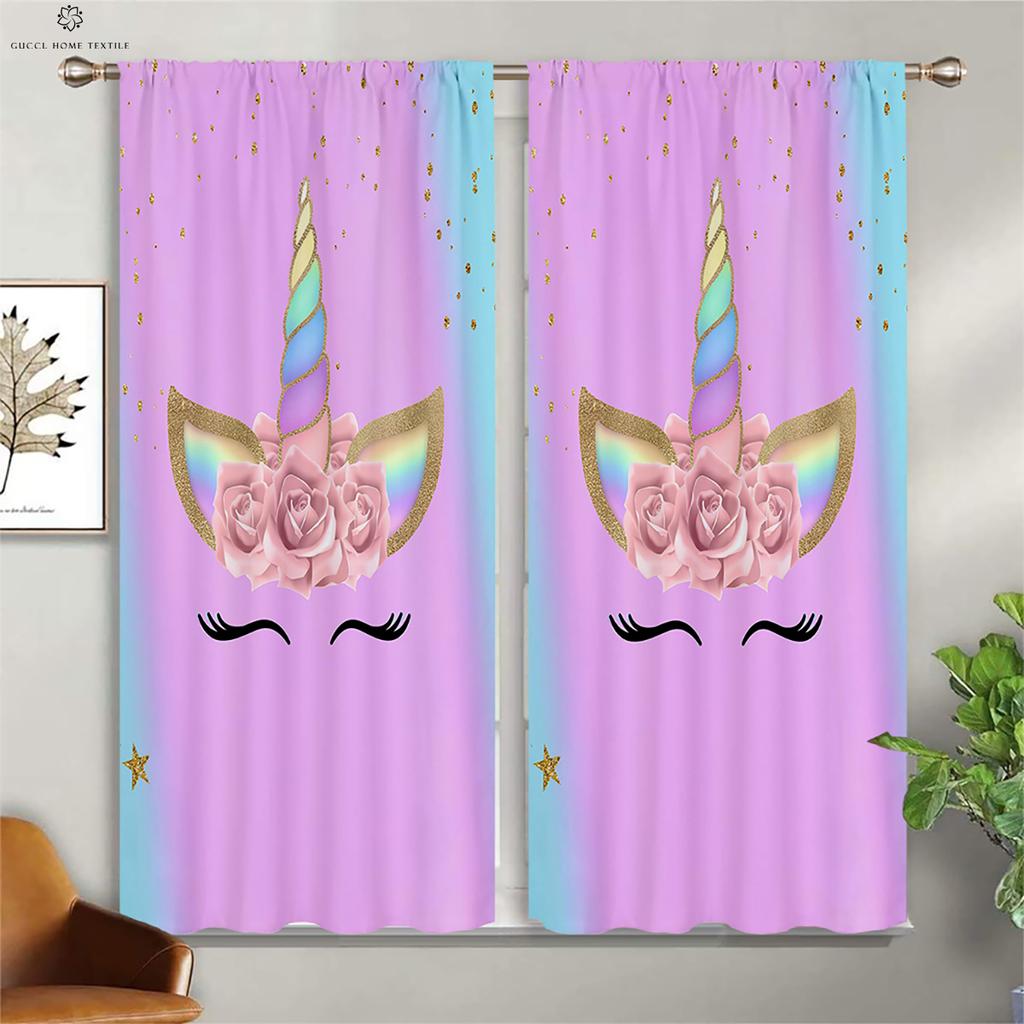 Custom Curtains for Kids Room, Dreamy Unicorn, Rainbow, Pink, Living Room, Kitchen, Window, Printed, 2 Pieces