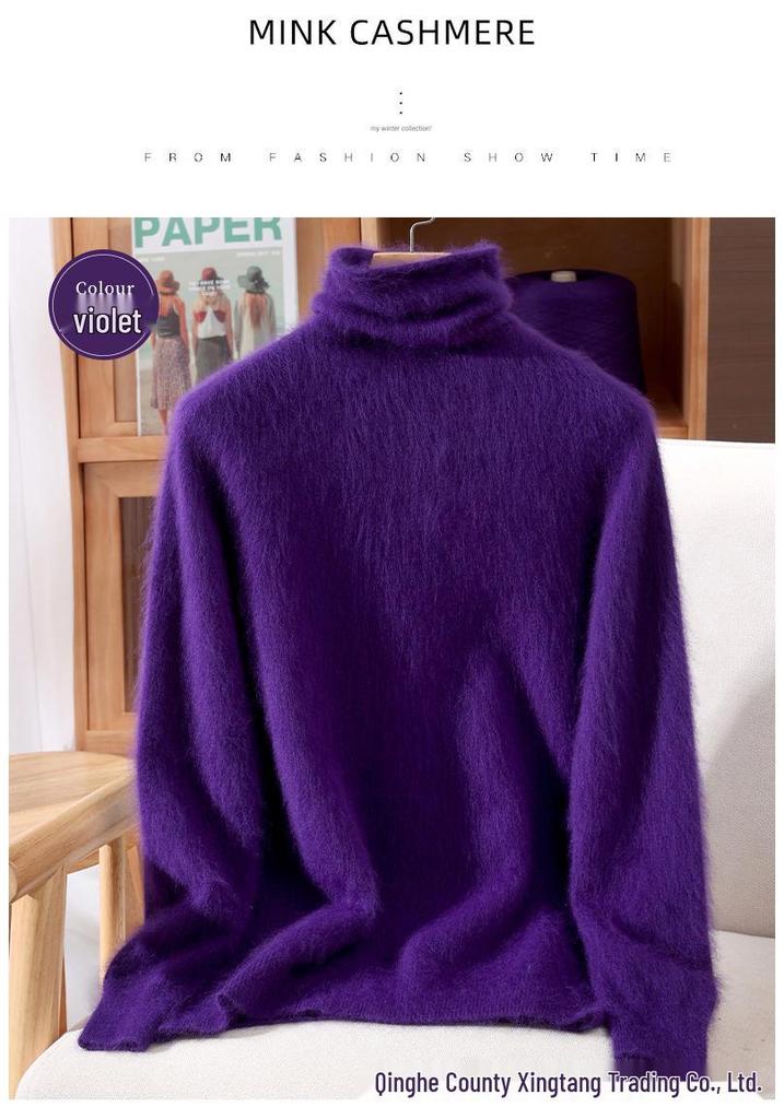 Mink Velvet Women's High Neck Rabbit Fur Knit Sweater, Slim Fit Cashmere Base Layer