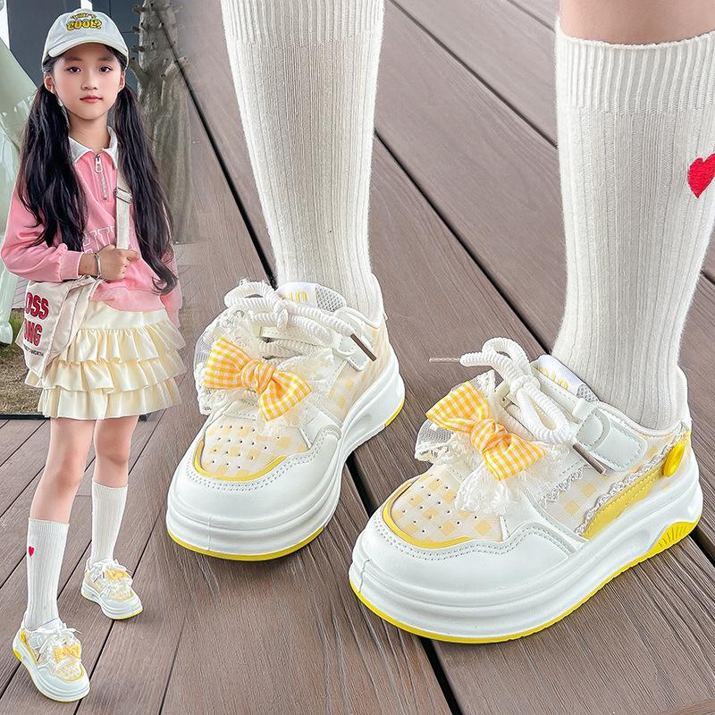 Girls Plaid Sneakers 2025 Spring and Autumn New Children's Bow Fashion Board Shoes Medium and Large Children's Girls Casual Shoes