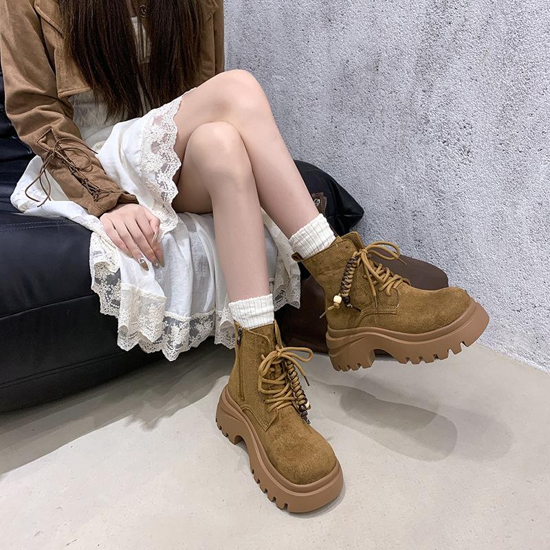Süße und coole einfache vielseitige lässige Martin-Stiefel Herbst und Winter super dicker Absatz dicke Sohle Damenstiefel Britischer Stil Schnürung dicker Absatz