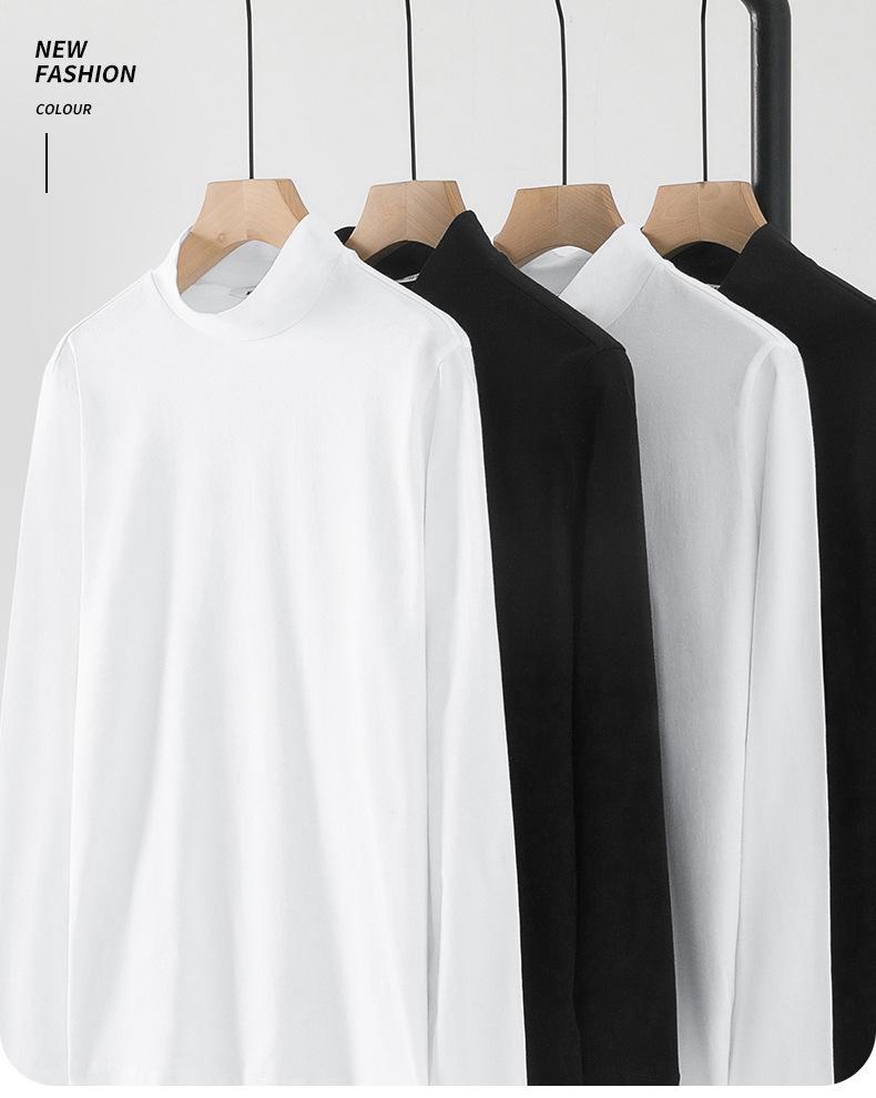 Men's Long Sleeve Cotton T-Shirt, Semi-High Neck, Solid Color Base Layer for Autumn/Winter
