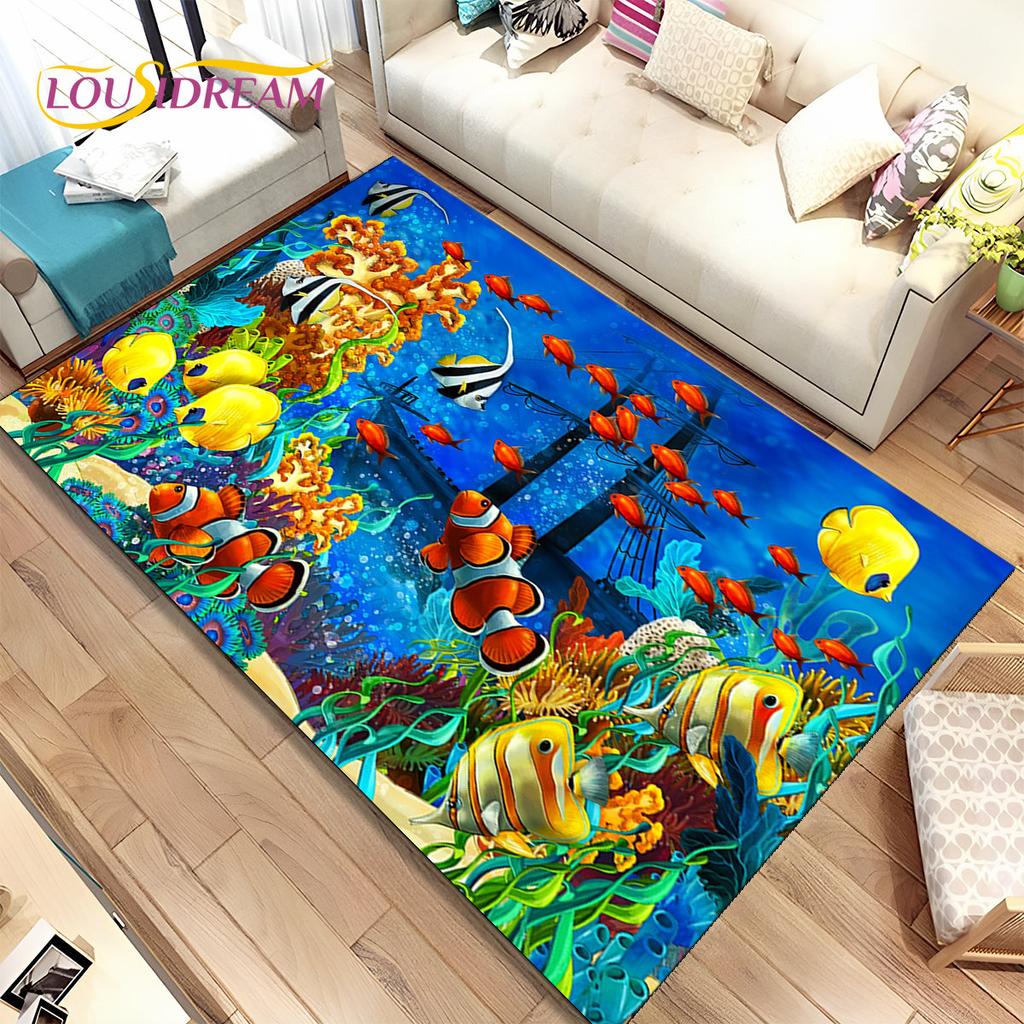 3D Seabed Underwater World Dolphin Turtle Area Rug,Carpet Rug for Living Room Bedroom Sofa Doormat,kids Play Non-slip Floor Mat