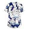 Women's Hallowen Printing Short Sleeve V-neck Tops Working Uniform Pocket Blouse