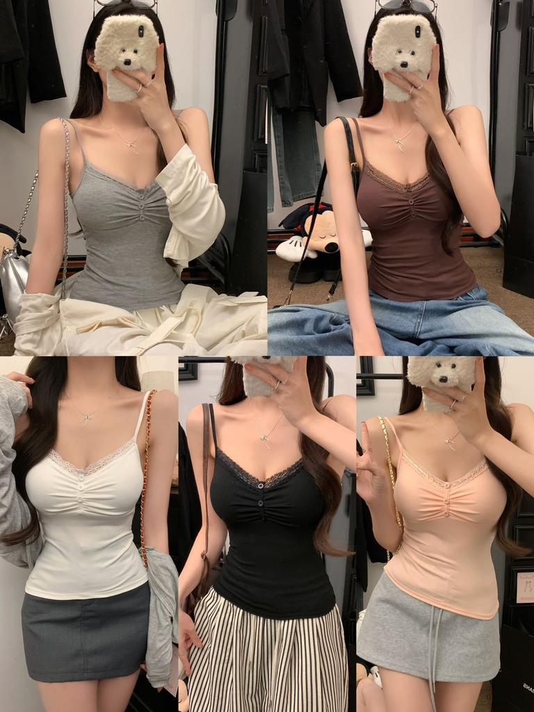 #Human cotton thin V-neck lace suspender women's spring and summer new inner holiday vest design sleeveless top