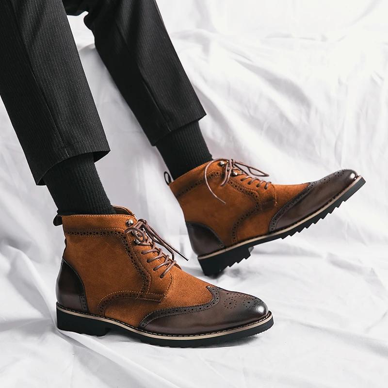Fashion Men's Suede Leather Patchwork Brown Ankle Boots Brand Designer Flat Bottom Short Boots Men's Outdoor Flat Bottom Casual Boots