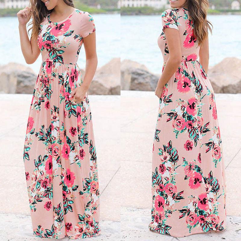Boho květinový potisk s krátkým rukávem večerní párty ležérní dlouhé maxi šaty