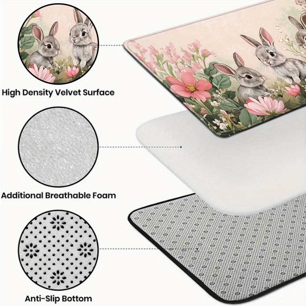 1 Τεμάχιο Κουζινάκια Αντι-Κόπωσης, με Εκτύπωση Λαγούς και Λουλούδια, Αδιάβροχο, Αντιολισθητικό, Πάχος με Μαξιλαράκι, Κουζινάκι Βαριάς Χρήσης Άνεσης για Όρθια Στάση για Κουζίνα