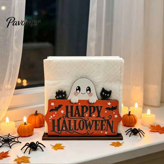 Unique Holiday Kitchen Decor Happy Halloween Wooden Napkin Holder, Cute Ghost Pumpkin Black Cat Tissue Holder for Paper Dispenser, Vertical