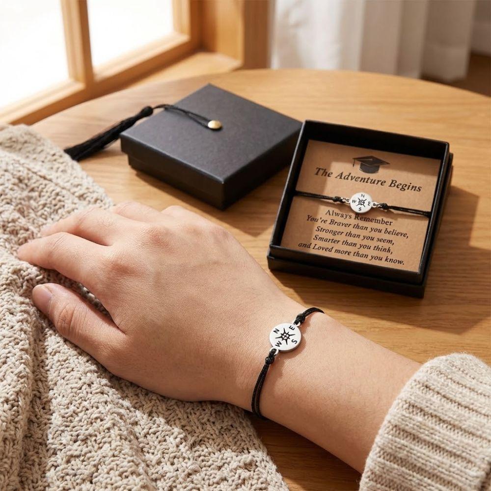 The Adventure Begins Graduation Compass Bracelet Hand Woven Doctoral Cap Gift Box Compass Charm Wristband Adjustable