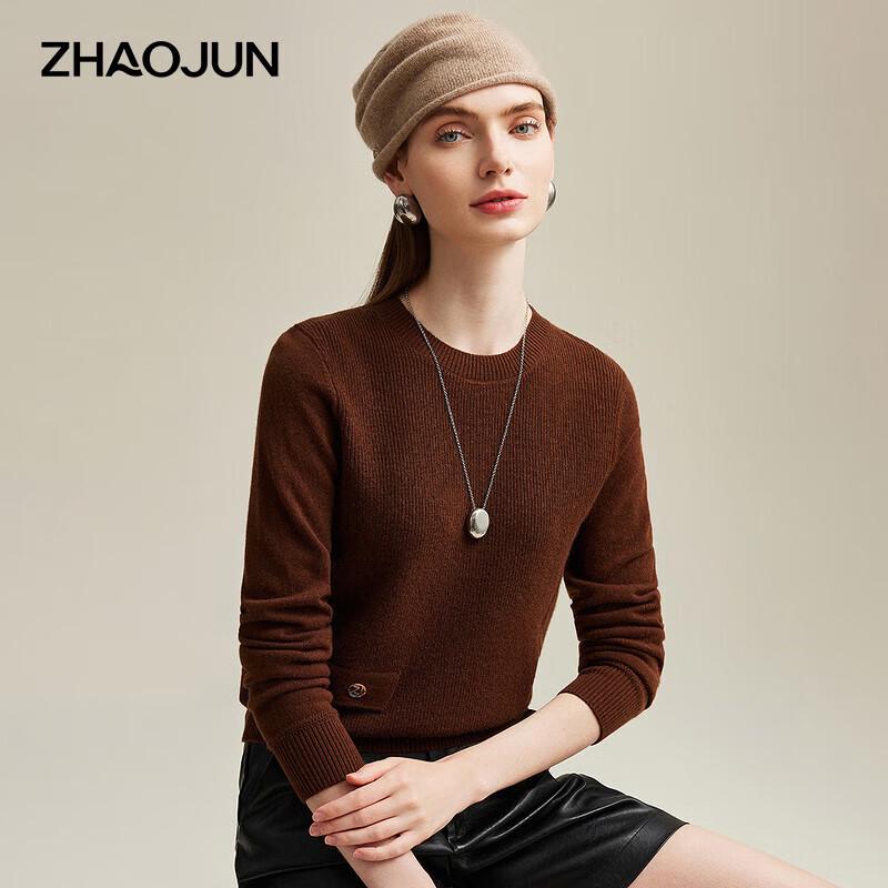 Zhaojun Women's Cashmere Round Neck Long Sleeve Pullover Sweater with Pockets
