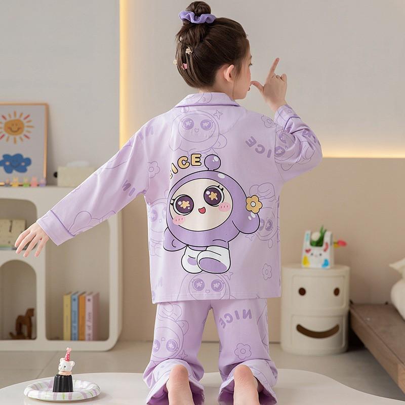 100% Cotton Girls Pajama Set Long Sleeve Cartoon Print Sleepwear Open Front Robe Style Fall