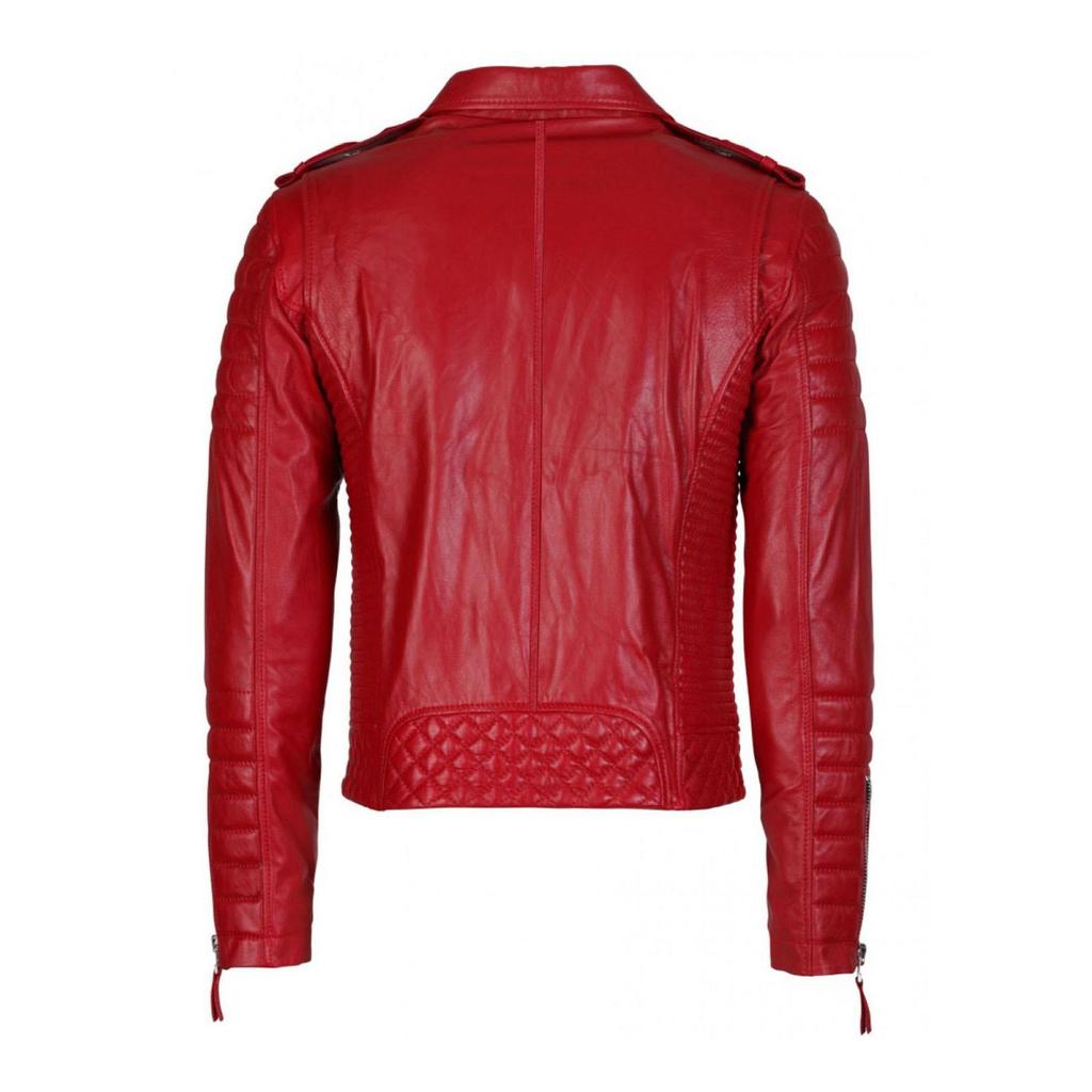 SKINOUTFIT Men Biker Leather Jacket Genuine Red Lambskin Café Racer Motorcycle Outerwear
