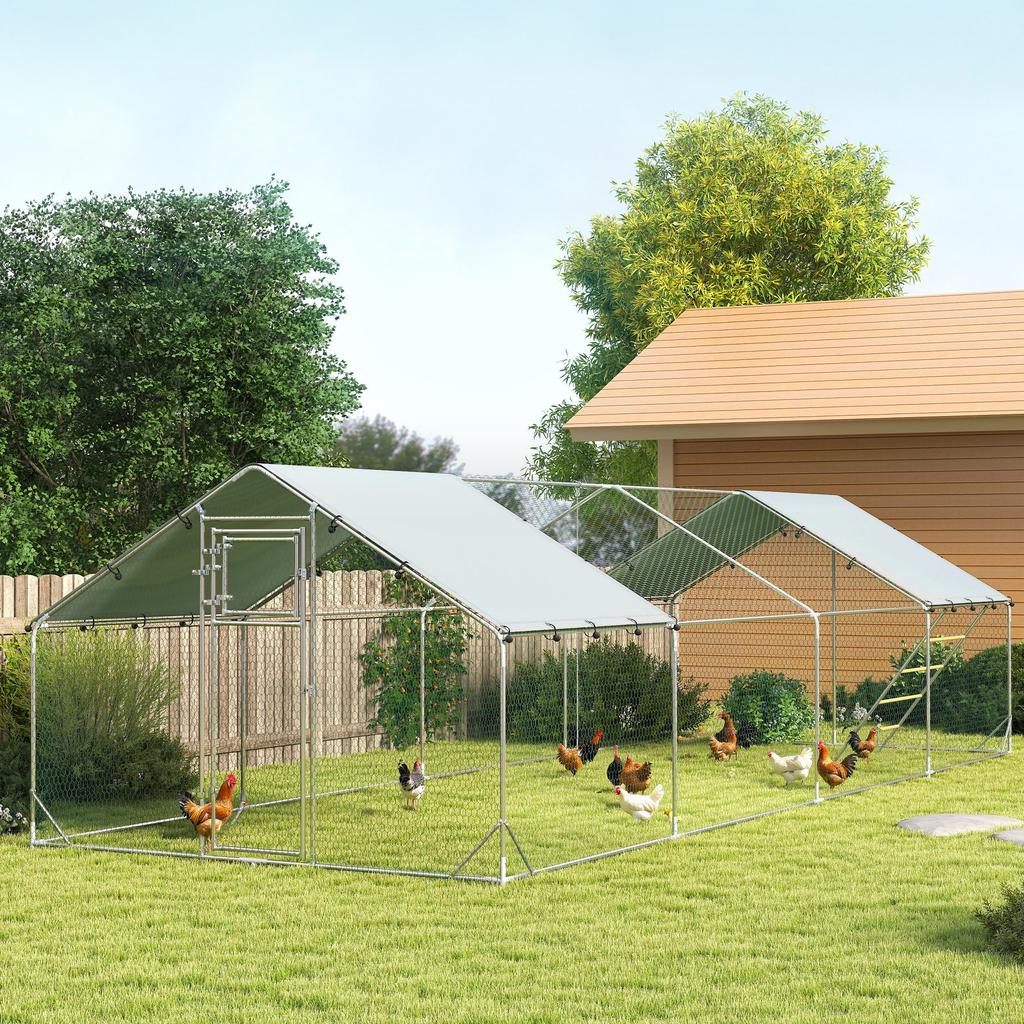 Chicken Coop, Free-range Enclosure for Chickens, with UV-resistant Tarpaulin, Steel Mesh, Automatic Feeder, for 24-30 Chickens