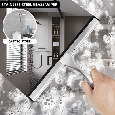 Household Shower Squeegee Glass Wiper Stainless Steel Window Scraper Cleaner with Self Adhesive Hook and Replaceable Wiper Blade
