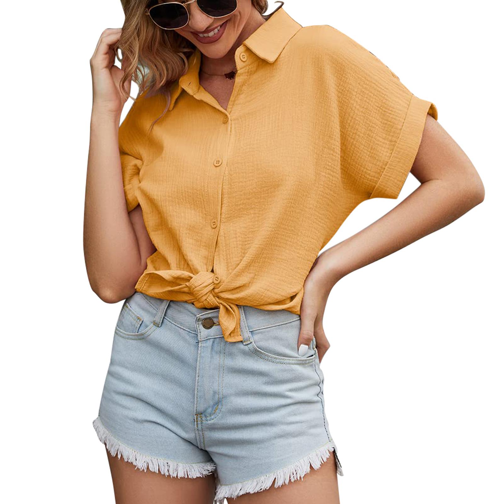 

Cotton Button Up Short Sleeve Shirt Women Casual Plain Color Loose Hem Turn Down Collar Top Blouse S(for 2-4kg) чорний