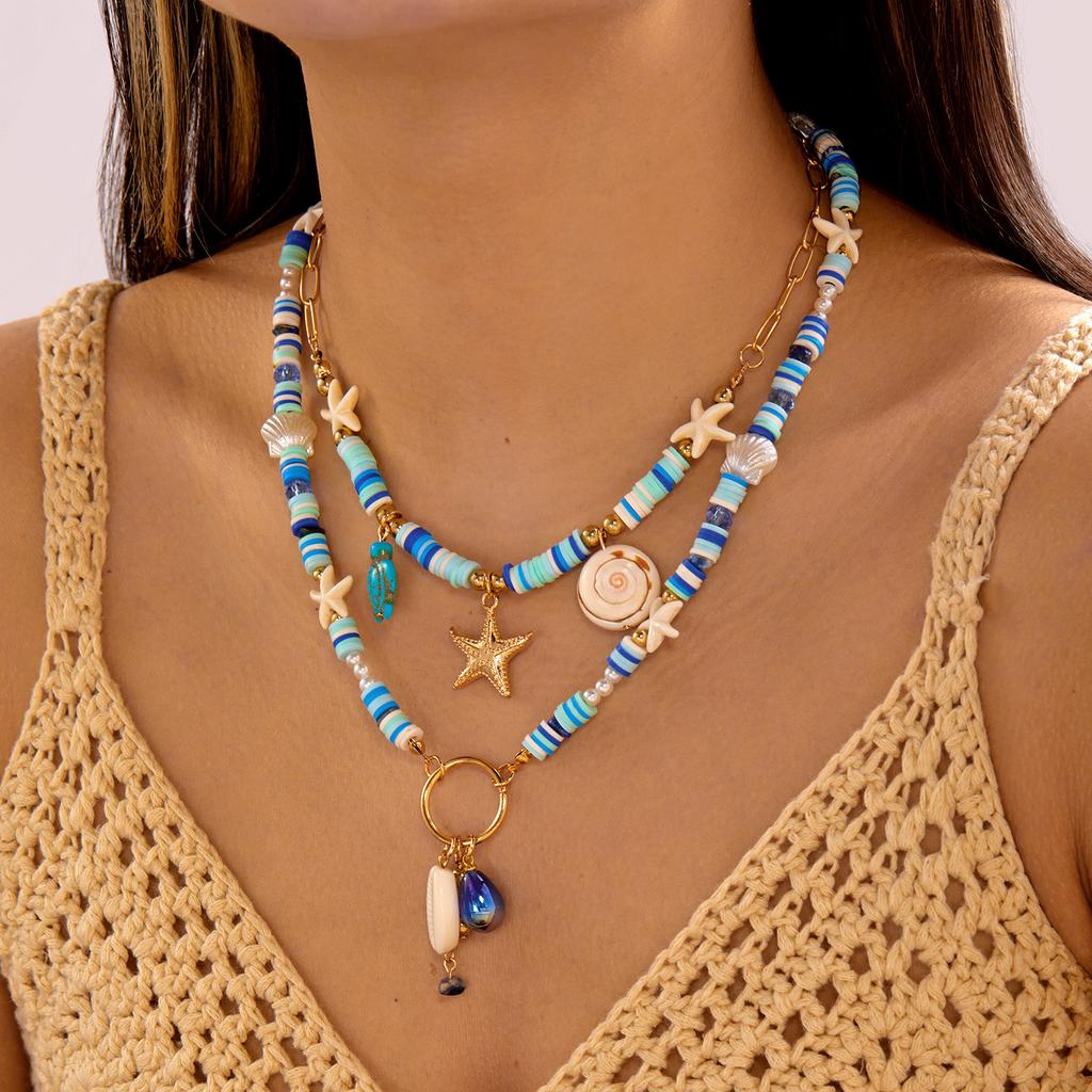 Retro Blaue Polymer Clay Perlen Muschel Seestern Halskette für Damen Meeres Elemente Schildkröte Muschel Mehrschichtiger Choker Strand Schmuck