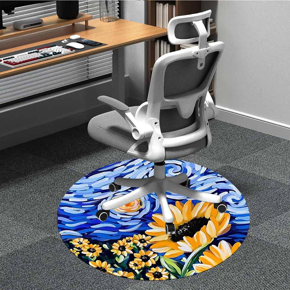 

1pc Sunflower Night Sky Print Chair Carpet for Office, Round Polyester Mat, Indoor Decor for Office, Easycare Fabric, Washable Non-slip Area Carpet 80cm