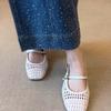 Fashion French Cool Single Shoes Women's Cutout Woven Medium Block Heel Shallow Mouth Side Empty Breathable Mary Jane Shoes