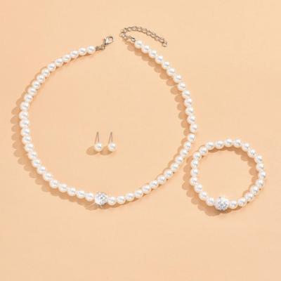 3 Pcs/Set Women Jewelry Set Faux Pearl Earrings Necklace Bracelet Adjustable Length Rhinestone Decor Polished Prom Party Wedding Party Bride Jewelry
