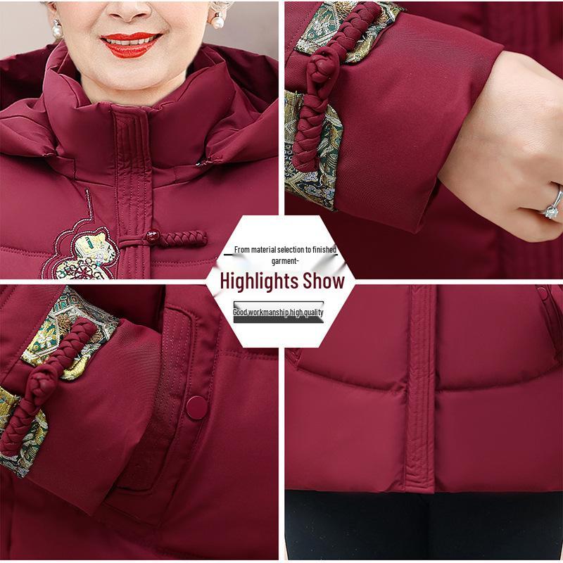 Stylish Hooded Cotton-Padded Jacket for Middle-Aged & Elderly Women: Warm, Fleece-Lined Winter Coat