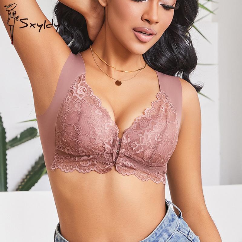 Large Size Front Buckle Seamless Lace Bra for Women Fixed Cup Underwear Gather Up Vest Bra