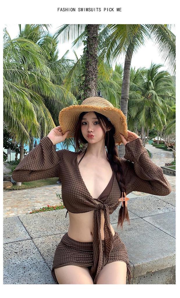 Solid Color Slimming Long-Sleeve Sun Protection 4-Piece Backless Swimwear Set for Hot Springs & Beaches