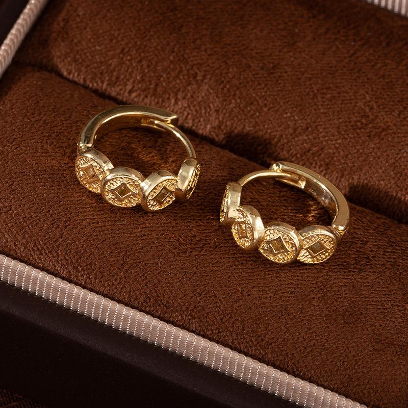 Ретро Новые Китайские Медные Монетные Серьги Серьги Счастливый Характер Ушные Застежки Нишевый Дизайн Легкая Роскошь Универсальные Премиум Серьги