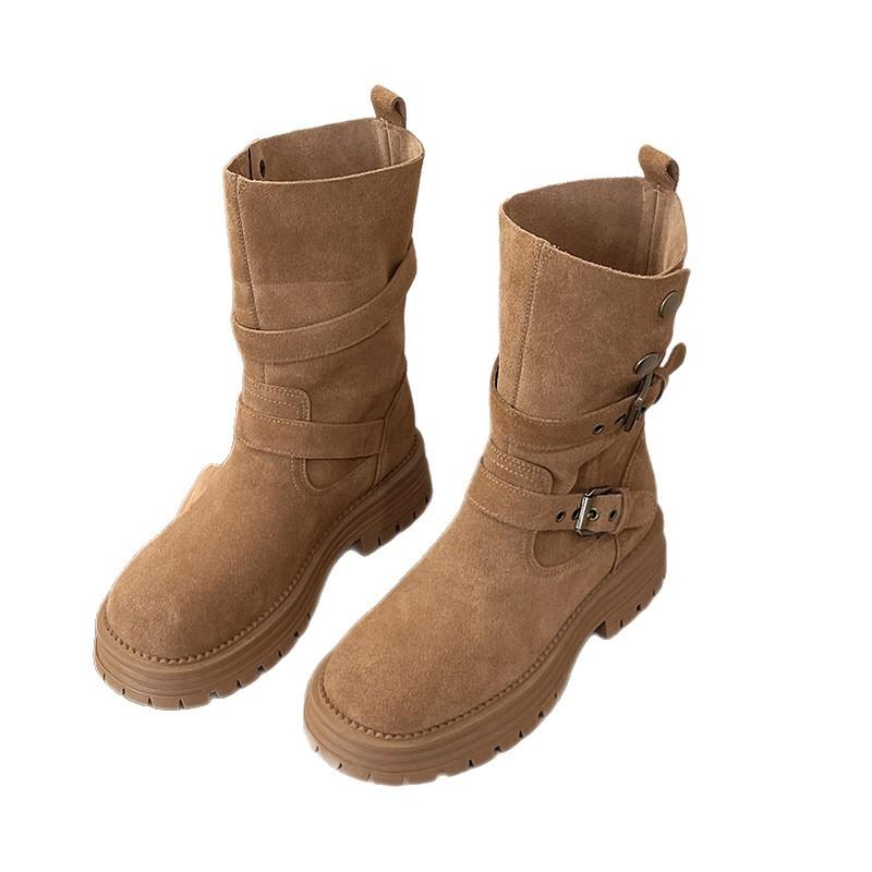 2025 autumn new retro wind matte leather rivet belt buckle two wear medium boots women's thick heel thick sole Martin boots