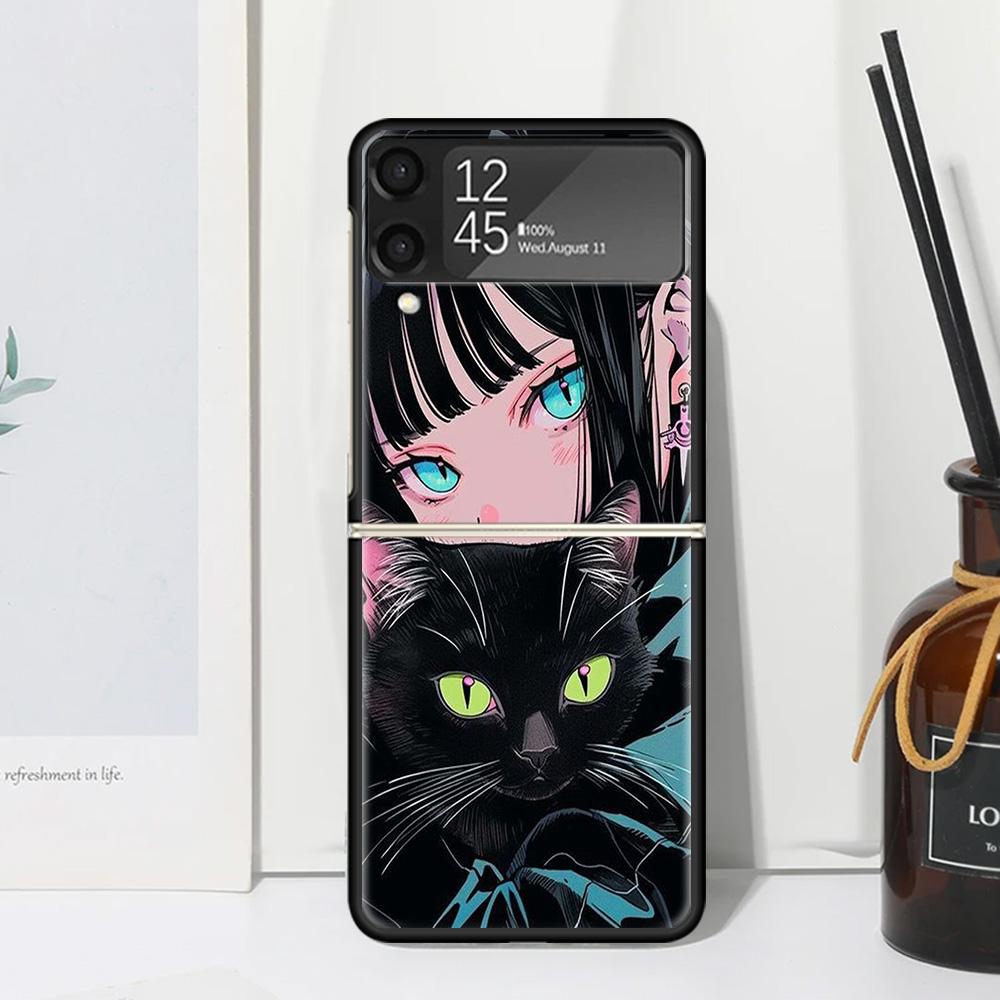 Anime Girls Cute Black Cat Phone Case Cover for Samsung Galaxy Z Flip 7 6 5 4 3 5G Flip3 Flip4 Flip5 ZFlip6 ZFlip7 Black Fundas