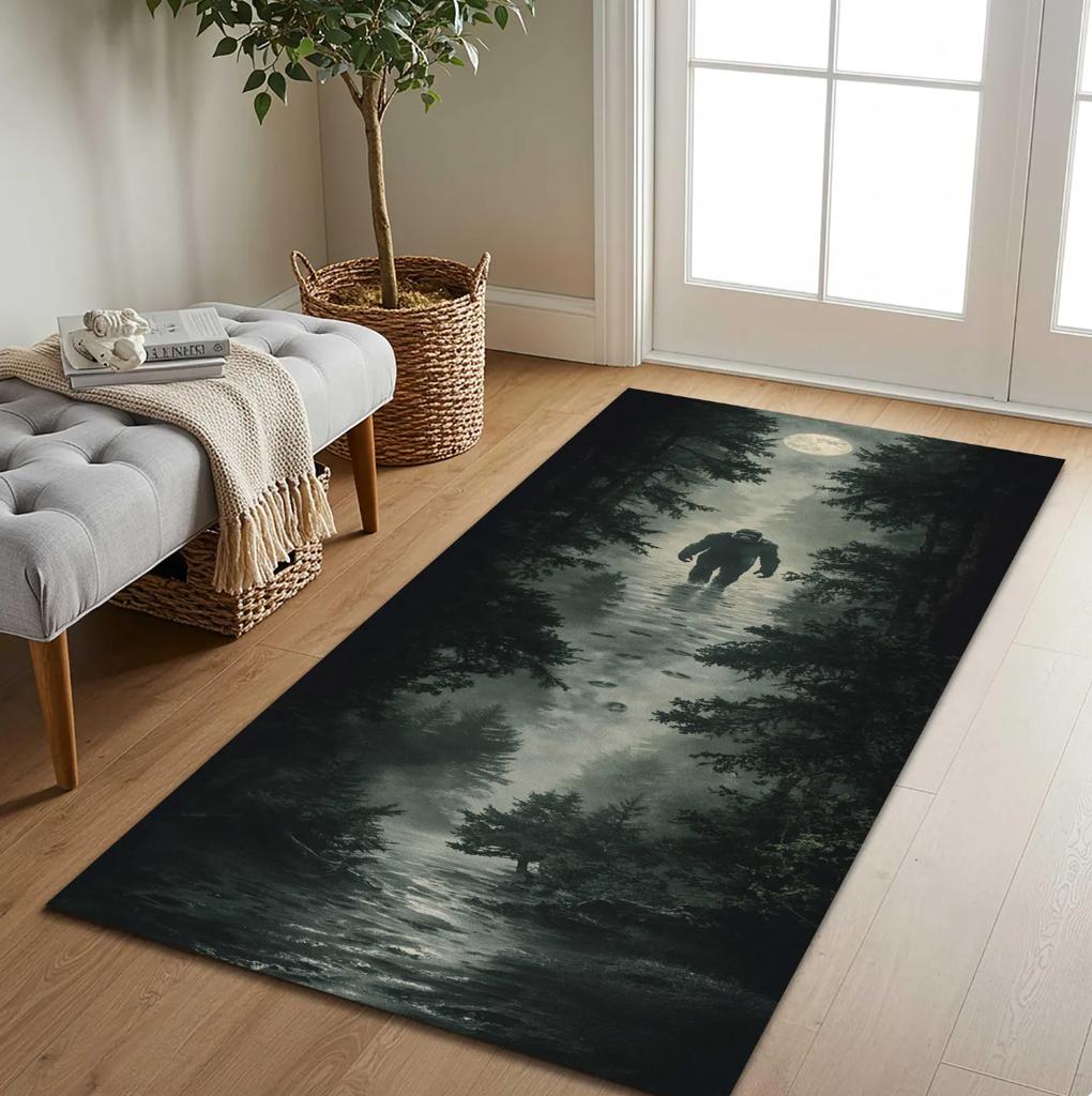 Bigfoot Forest Mystery Runner Rug Dark Moonlit Woods Design Mystical Creature Pattern Perfect For Hallway Corridor Home Decor