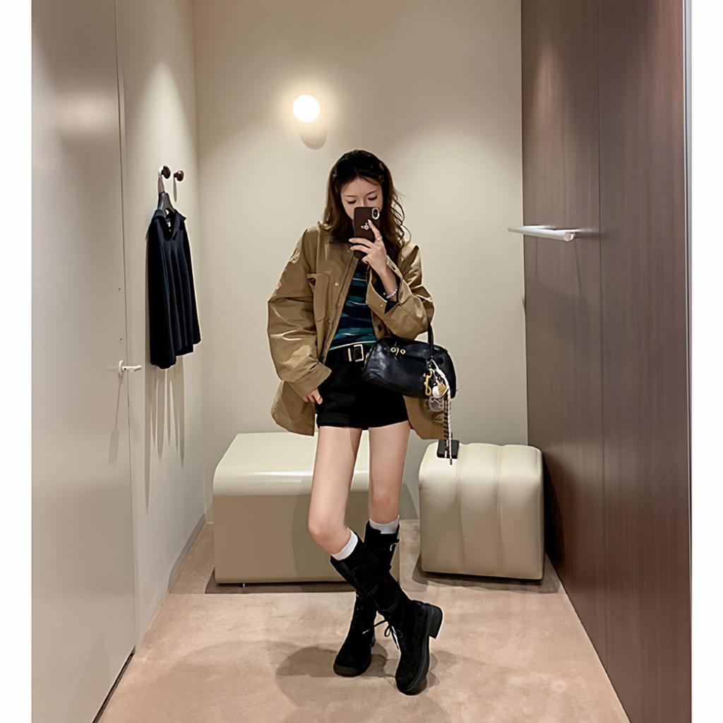 Frosted Cowhide But Knee Boots for Women's New Adjustable British Style Oversized Leg Circumference High Tube Legs Fine Boots for Women