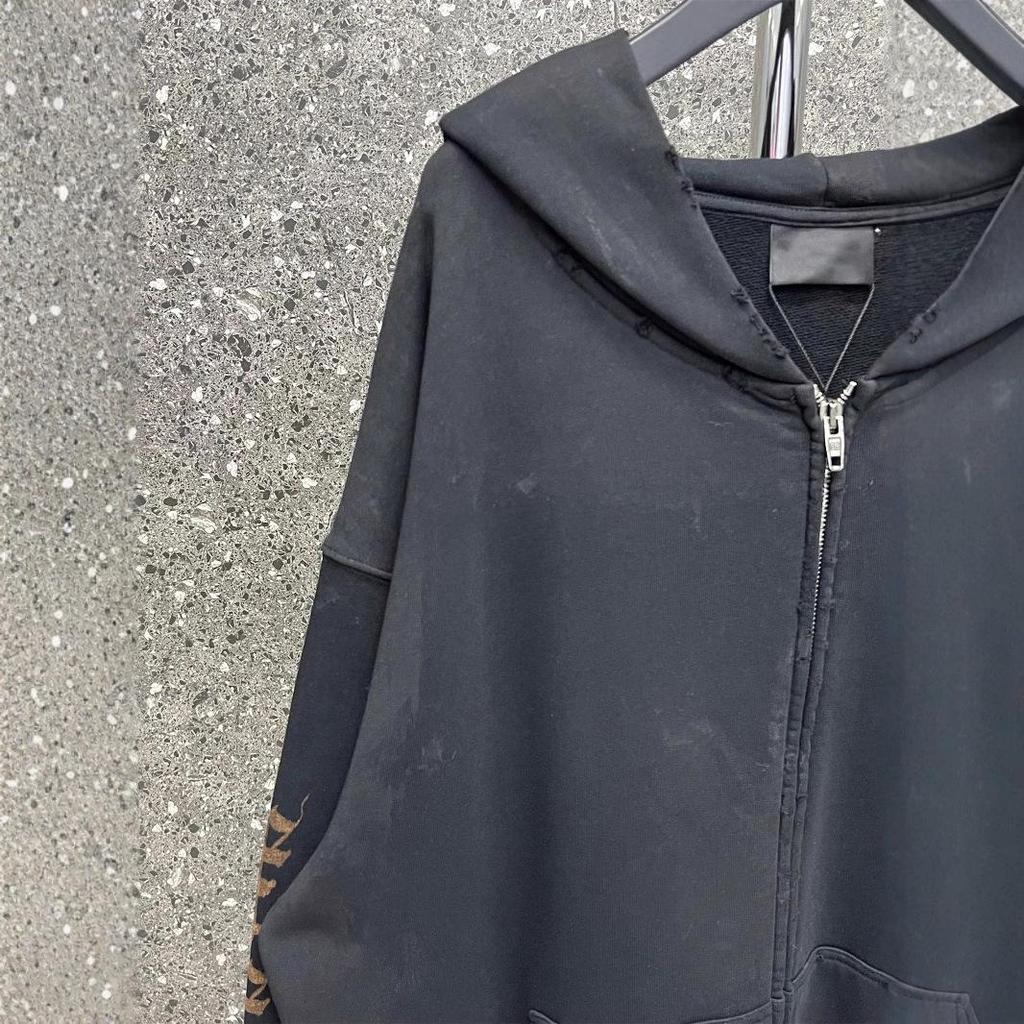 23SS B Marke Sanskrit Flamme Reißverschluss Hoodie - Lockere Passform Lässige Jacke