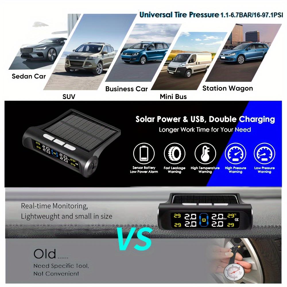 Solar Power TPMS Tire Pressure Monitoring System USB Rechargeable with 4 External Sensors Real-time Temp Alarm for Car SUV MPV Pickup