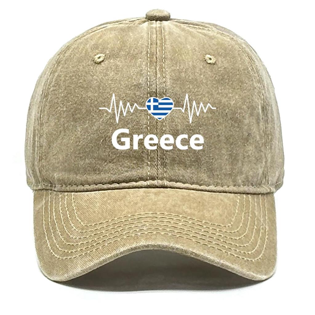 Heart Wave Greece Flag Print Snapback Sun Hat, Patriotic Mesh Hat Inelastic All-season Solid Color Fit Adjustable Baseball Cap