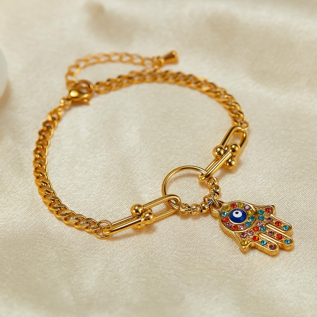Retro Design Stainless Steel Color Zircon Palm Gold -Plated Bracelet For Women 