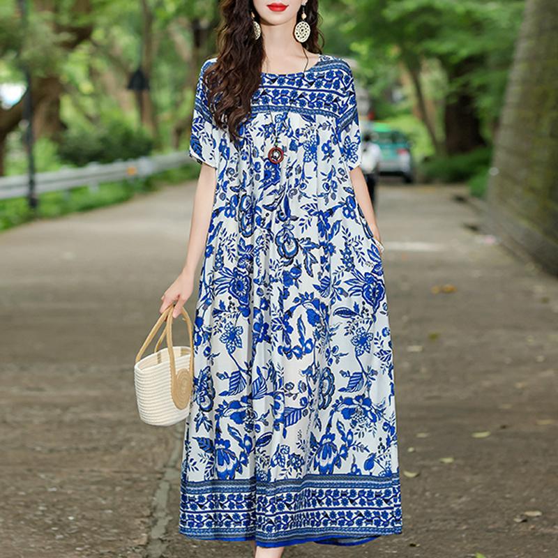 Elegant Summer Loose Dress Woman Vintage Clothes Plus Size Casual Short Sleeve Long Dresses