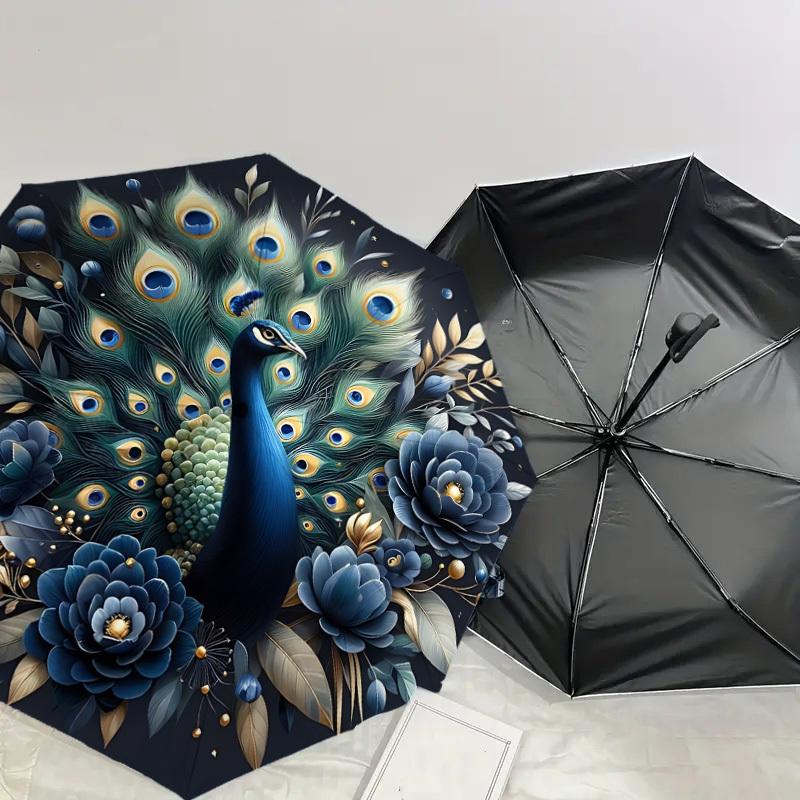 1PC Peacock Flowers Automatic Open/Close Umbrella with Windproof, 8-Rib Sturdy Canopy, Durable Ribs, Fashionable Design,1287a