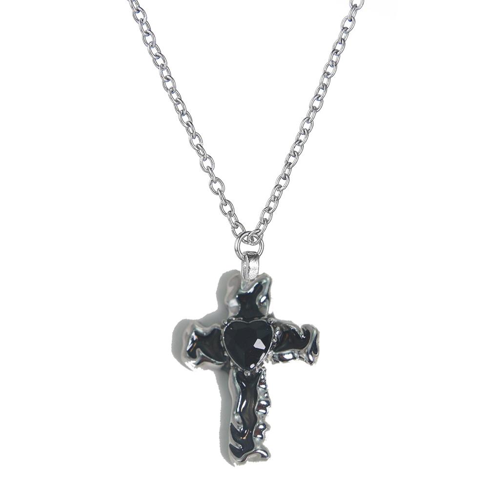 New Gothic Heart Zircon Cross Necklace Black Crystal Punk Y2K Heart Cross Chain Pendant Necklace for Woman Daily Wear