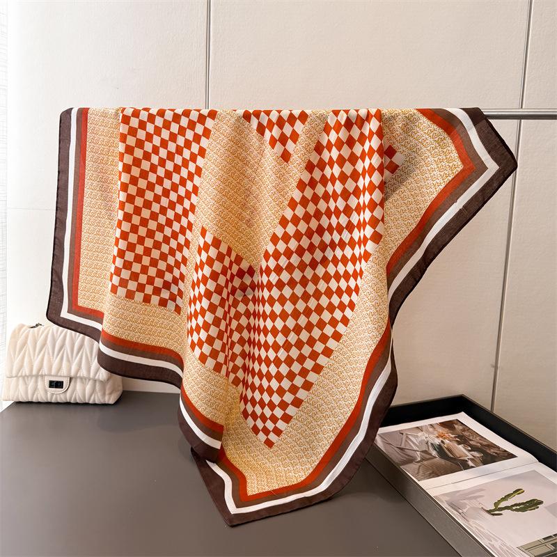 

2026 New Arrival Lattice Print Square Silk Scarf for Women Muslim Hijab Lady Neckerchief Shawl Wraps Hijab Bandana Headband 90x90 cm