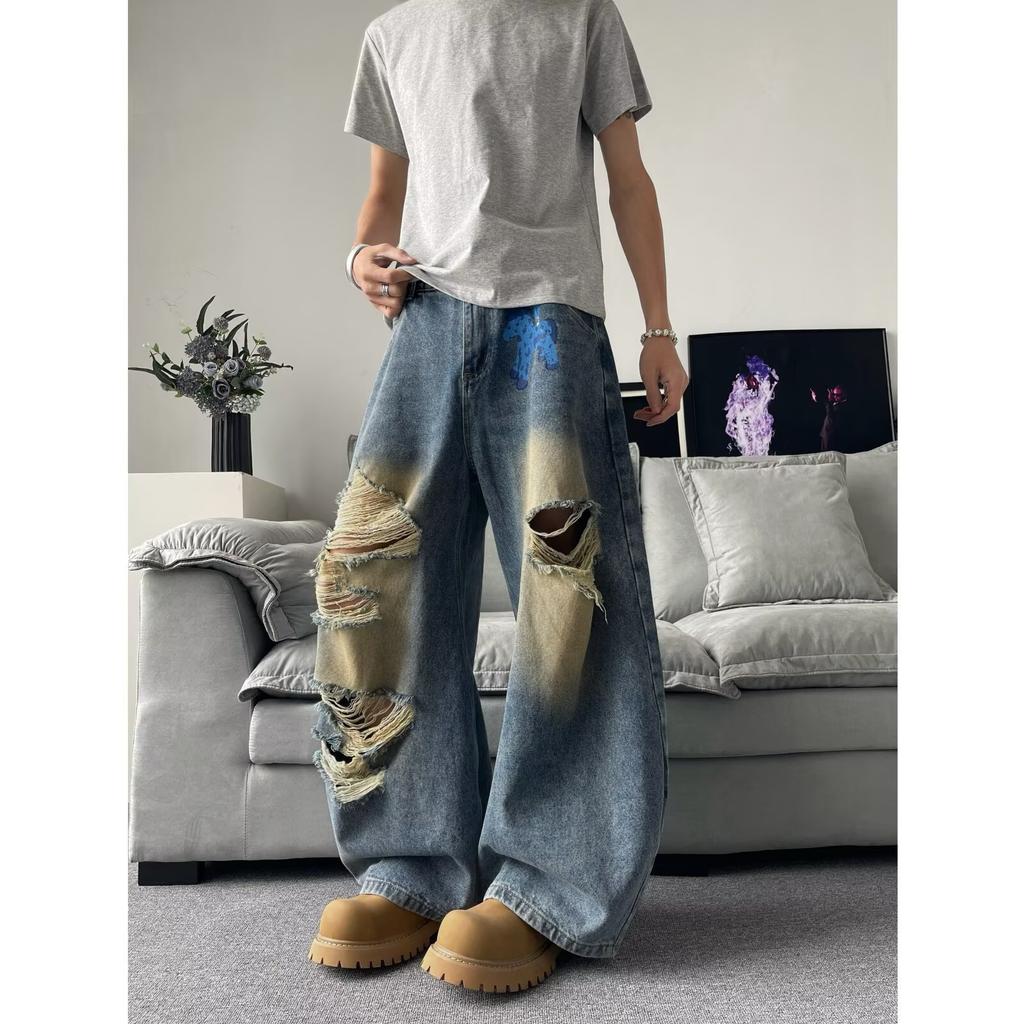 Zerrissene Jeans Herren Neue Sommer High Street Hip Hop Amerikanischer Retro Hip Hop Gewaschen Locker Weiter Bein Lange Hose
