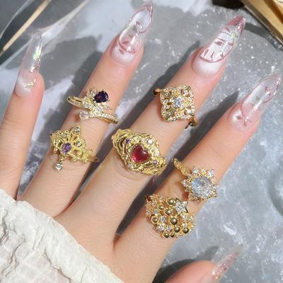 Medieval Jewelry Light Luxury Imitation Colored Treasure Open Ring Love Full Of Diamonds Zircon Retro Ring